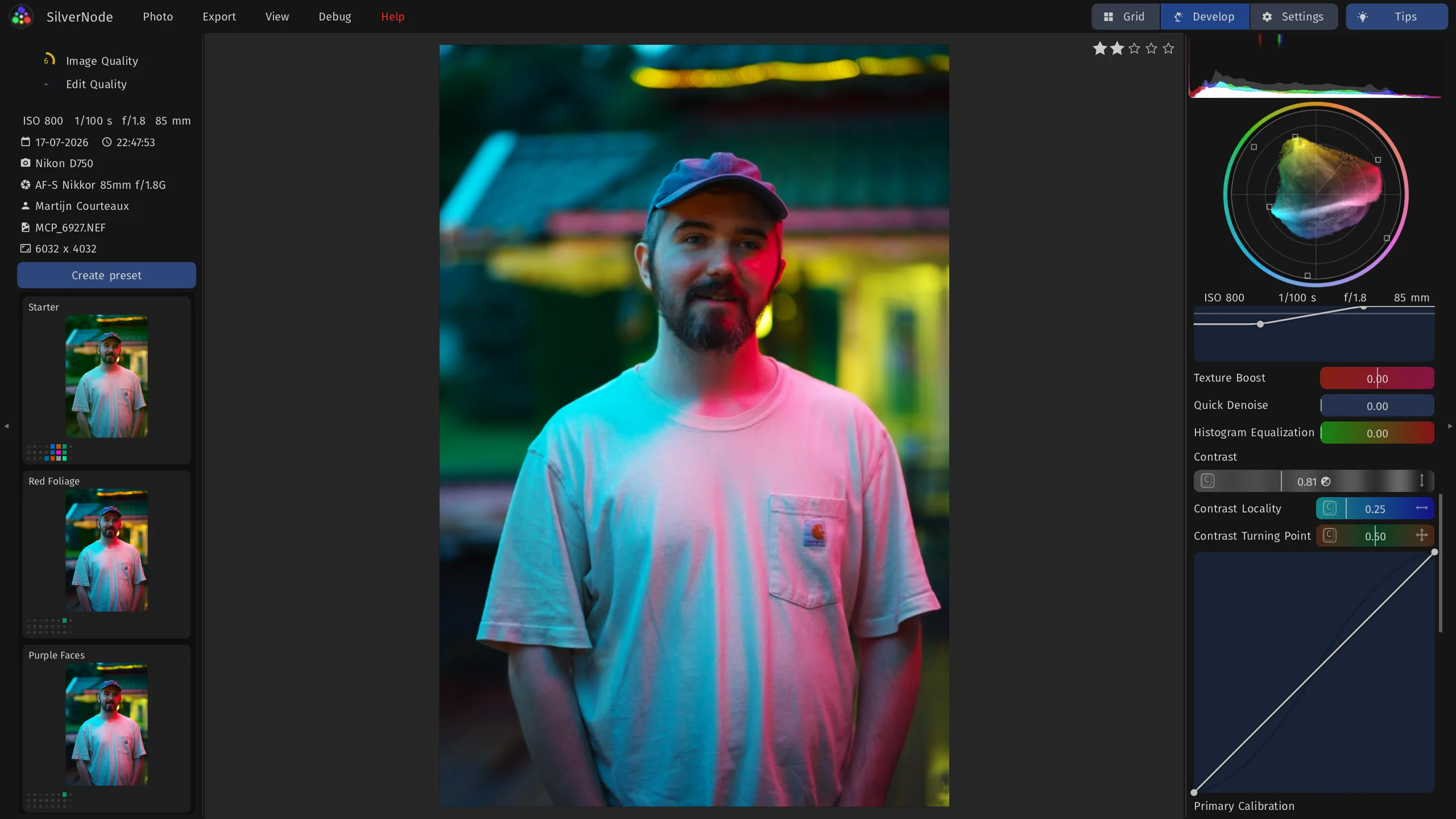 Developing a portrait of a bearded man in a cap, lit in pink and cyan neon, with the contrast sliders and their curve.