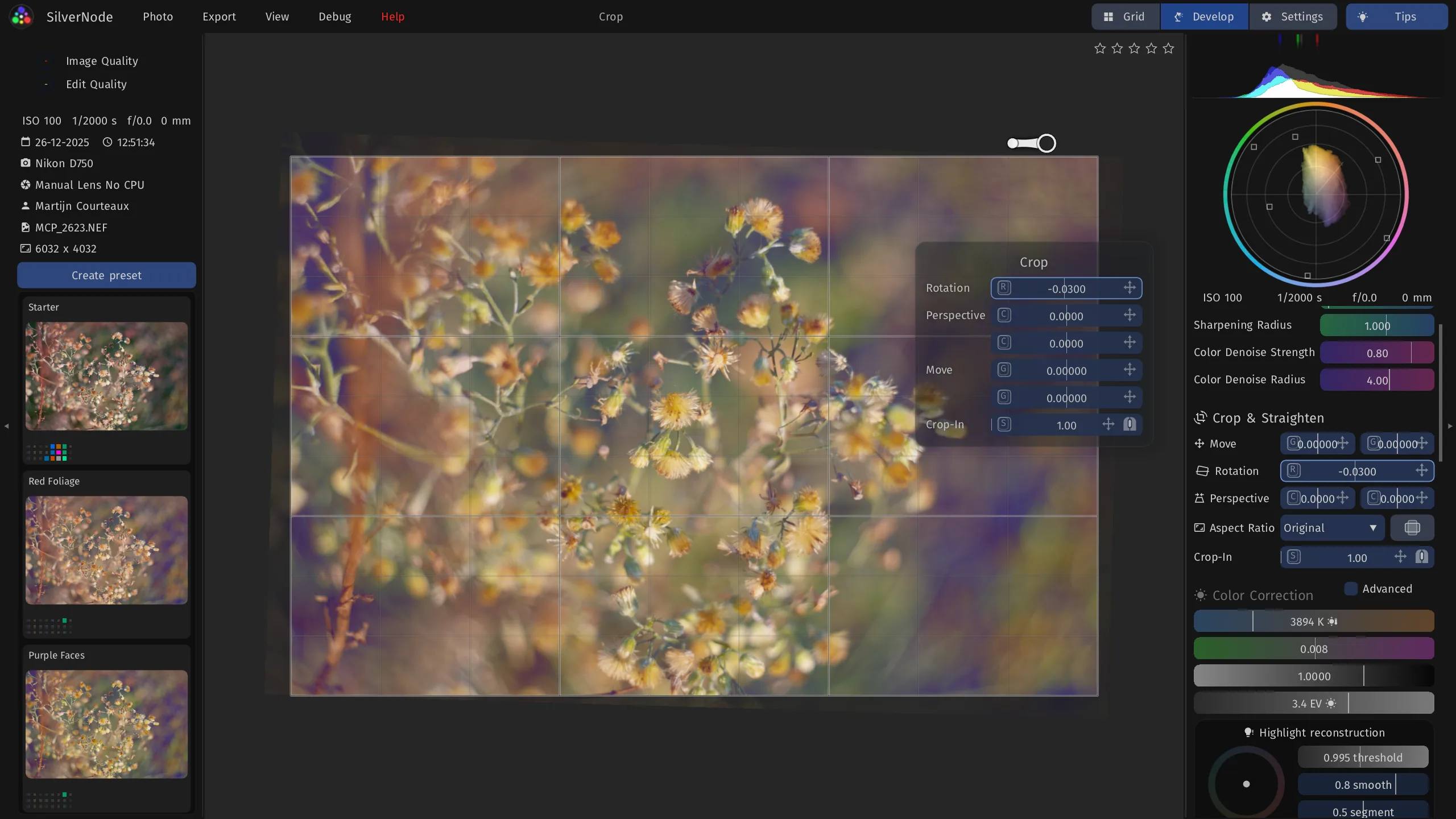 Straightening a photo of small dried flowers, with the rule-of-thirds grid and the crop sliders next to the mouse.