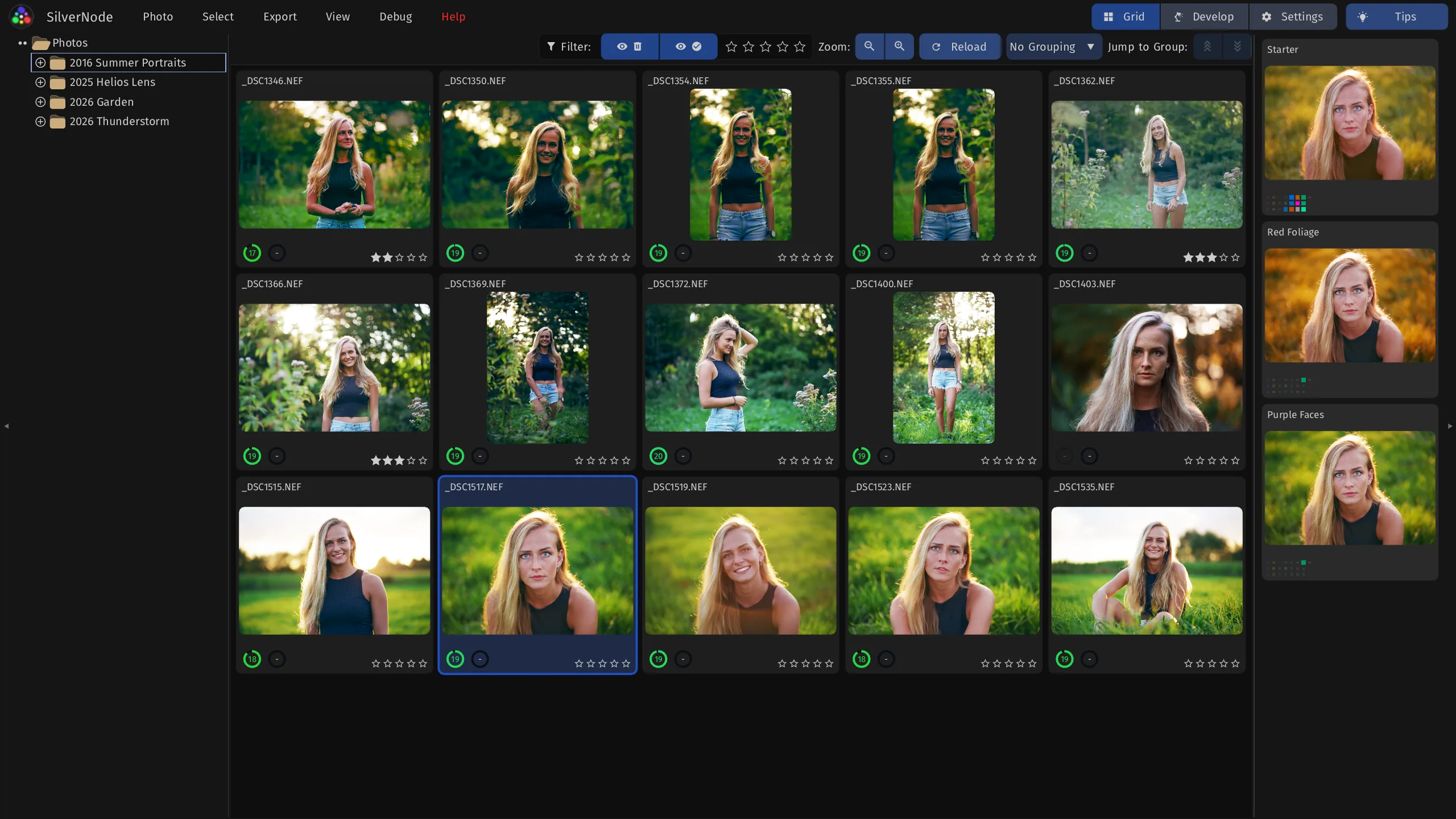 The grid of an album of summer portraits, with the folders on the left and the presets previewed on the selected photo on the right.