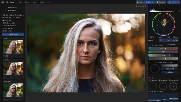 Developing a portrait of a woman with long blond hair against warm bokeh, with the color correction and style panels.