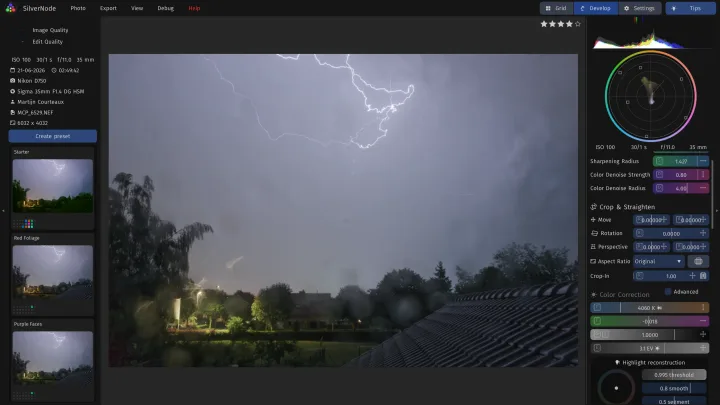 Developing a night photo of lightning over rooftops and trees, with the sharpening and crop settings.