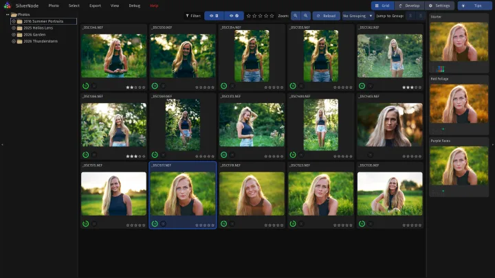 The grid of an album of summer portraits, with the folders on the left and the presets previewed on the selected photo on the right.