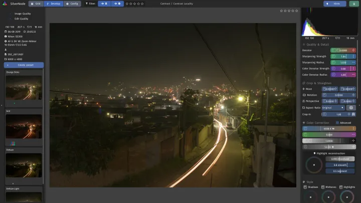 Developing a night shot of a street with light trails, with the denoise and sharpening settings.