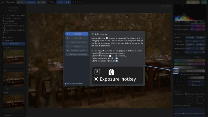 A tip explaining the exposure hotkey: hold E and move the mouse to adjust exposure.