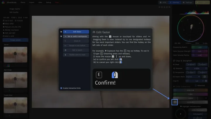 A tip explaining the exposure hotkey: press E and move the mouse to adjust exposure.