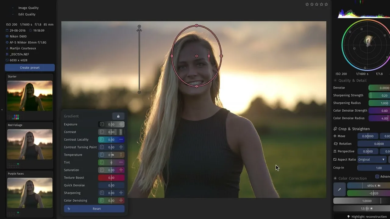 SilverNode developing a backlit portrait, with a radial gradient on her face and the vectorscope beside it.